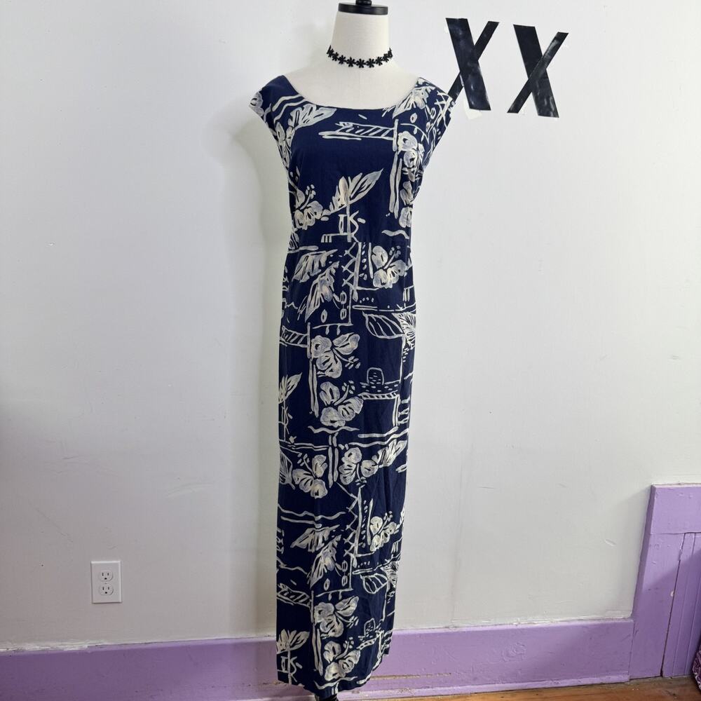 Vintage 90s Hilo Hattie Hawaiian Maxi Dress Navy Floral Cap Sleeve 3XL